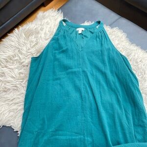 Garnet Hill: 100% Cotton, Turquoise, lined, sleeveless dress with pockets.